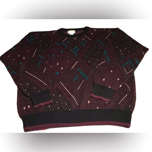 Wool knit crewneck sweater plum color with turquoise and white geometric pattern - Picture 5 of 5